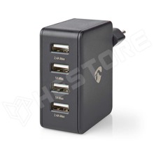 WCHAU481ABK / 4 portos USB töltő adapter, 5V DC, max. 4.8A, EU (WCHAU481ABK / Nedis)