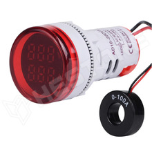 AD16-22DVA_ROUND_RD / 20...380V AC, 0...100A, LED, Feszültség és áram mérő indikátor árammérő tekerccsel, Piros
