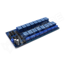 RELD-16CH-5V / Univerzális 16 csatornás relé modul, 5V, optocsatolt bemenet, LM2576 segédtápegységgel, vezérlő jel: aktív alacsony
