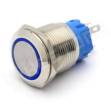 V19RMF-BL / Vandálbiztos nyomógomb, Ø19mm, 12...24V AC/DC kék LED gyűrű, SPDT, ON-(ON), 1 stabil pozíció, IP65