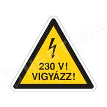 ISO7010-W012-50X43-L1 / Elektromos feszültség / Áramütés veszélye!, 230 V! Vigyázz! felirattal, figyelmeztető matrica, 50 x 43mm