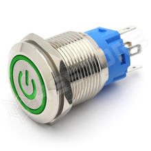 V19PMF-GN / Vandálbiztos nyomógomb, Ø19mm, 12...24V AC/DC zöld LED power szimbólum, SPDT, ON-(ON), 1 stabil pozíció, IP65