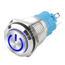 V12PLH-BL / Vandálbiztos nyomókapcsoló, Ø12mm, 12...24V AC/DC kék LED power szimbólum, SPST, OFF-ON, 2 stabil pozíció, IP65