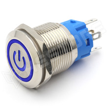 V19PLF-BL / Vandálbiztos nyomókapcsoló, Ø19mm, 12...24V AC/DC kék LED power szimbólum, SPDT, ON-ON, 2 stabil pozíció, IP65