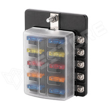 FUSEBOX-2X5-10W / Univerzális késes biztosítéktartó blokk, LED-es hibajelzéssel, biztosítékokkal, 10 (2x5) irányú