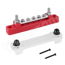 BB150-T2M6-M4X5P-RD / Elosztó blokk (DC bus-bar), 5xM4 + 2xM6, Műanyag fedéllel, 48V/150A DC, 300V/130A AC, piros