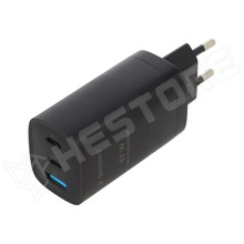 TA-UC-PDQC65-01-BK / Tápegység, GaN, impulzusos, 5V DC, 9V DC, 12V DC, 15V DC, 20V DC, 65W, USB A aljzat, USB-C aljzat x2 (TA-UC-PDQC65-01-BK / GEMBIRD)