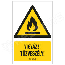 ISO7010-W021-160X250-L1 / Vigyázz! Tűzveszély!, figyelmeztető matrica felirattal, 100 x 86mm